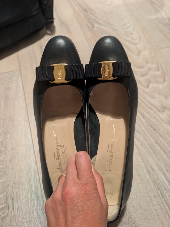 Salvatore Ferragamo Shoes - Salvatore Ferragamo Navy Leather Bow Flats with Gold Hardware
